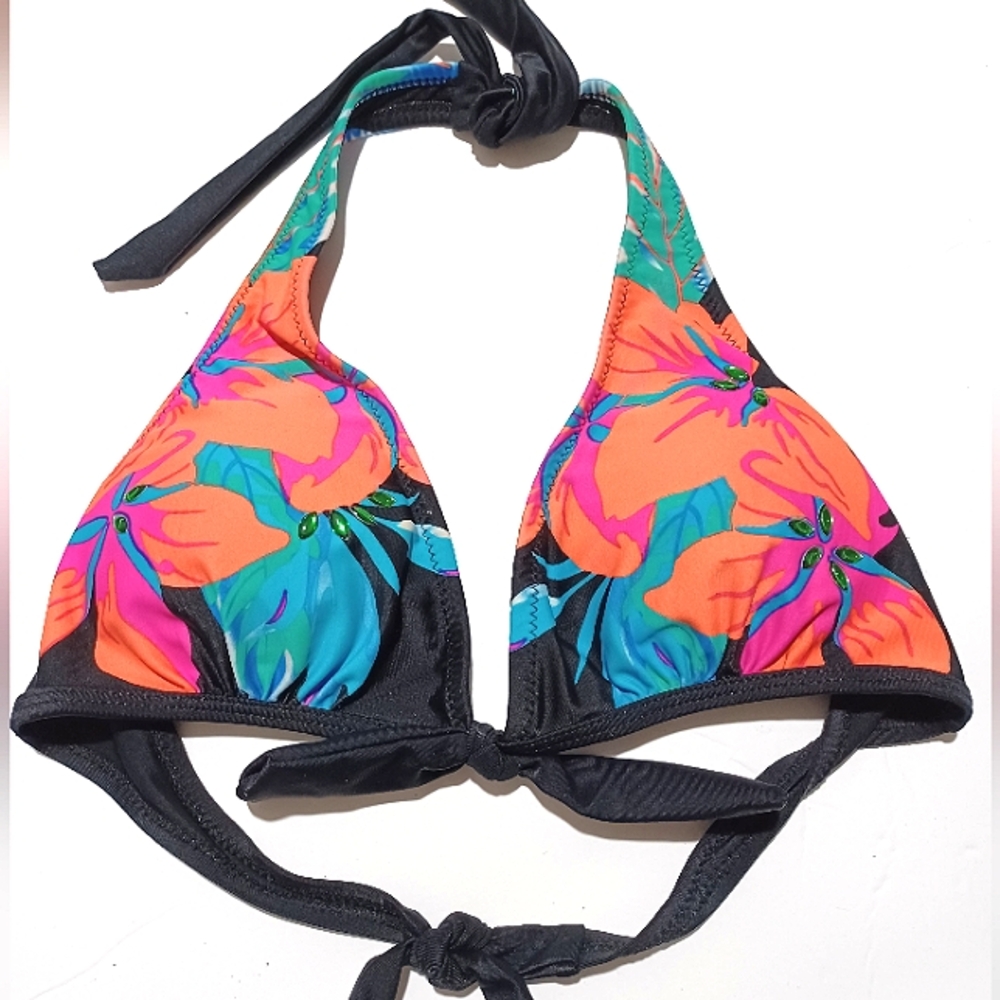 HEAT Tropical Floral Rhinestone Triangle VNeck Halter Tie Bikini Top SwimwearNWT